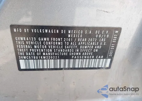 2019 Volkswagen Jetta 1.4T R-Line/1.4T S/1.4T Se z USA, uszkodzony, nr VIN 3VWC57BU1KM220221